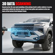 3D laser scanning of a pickup truck front bumper and grille for precise accessory fitment.