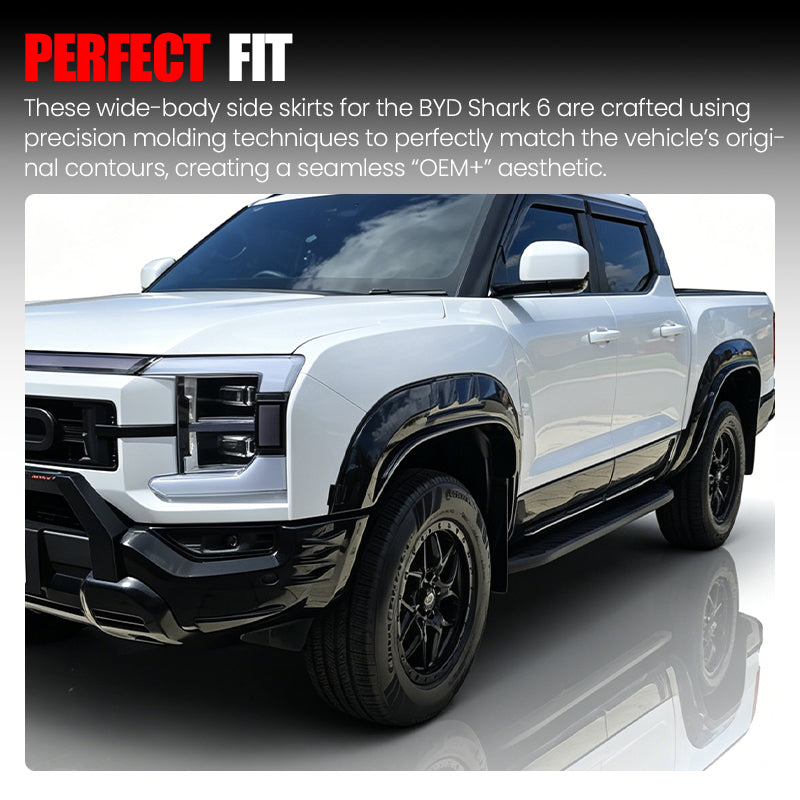 Black wide-body side skirts and fender flares installed on a white BYD Shark 6 pickup truck.