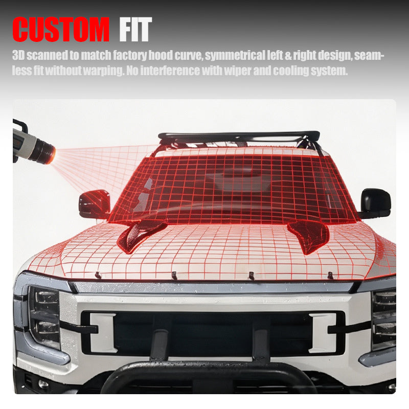 3D scanned custom fit vehicle protection overlay showing precise contour mapping on a truck hood.