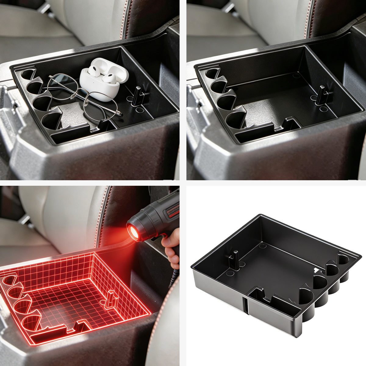 Black center console organizer tray for vehicle storage showing installation and usage.