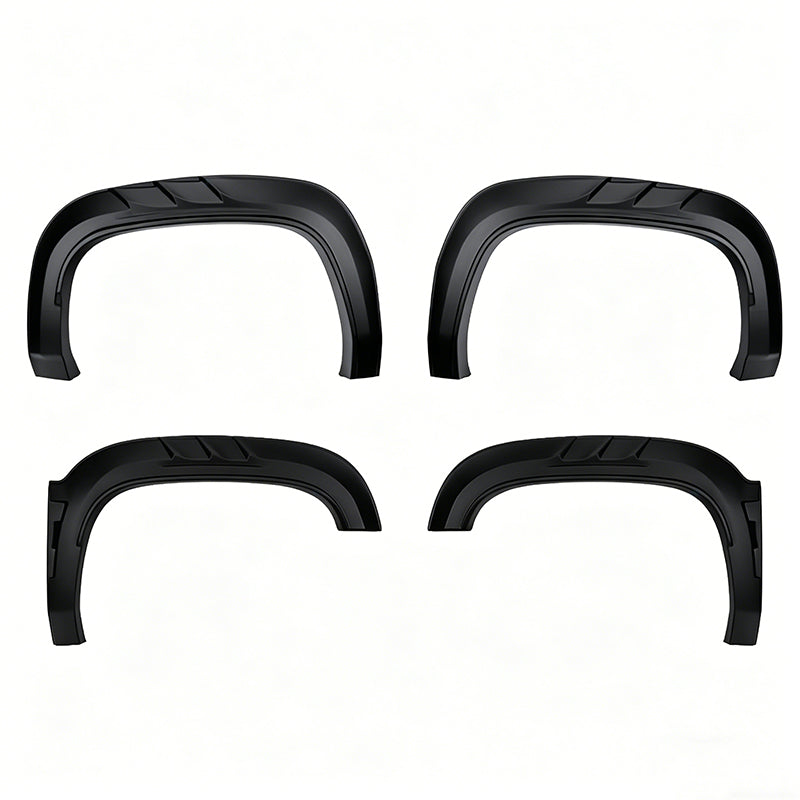 Set of four matte black heavy-duty 4x4 vehicle fender flares for off-road protection.
