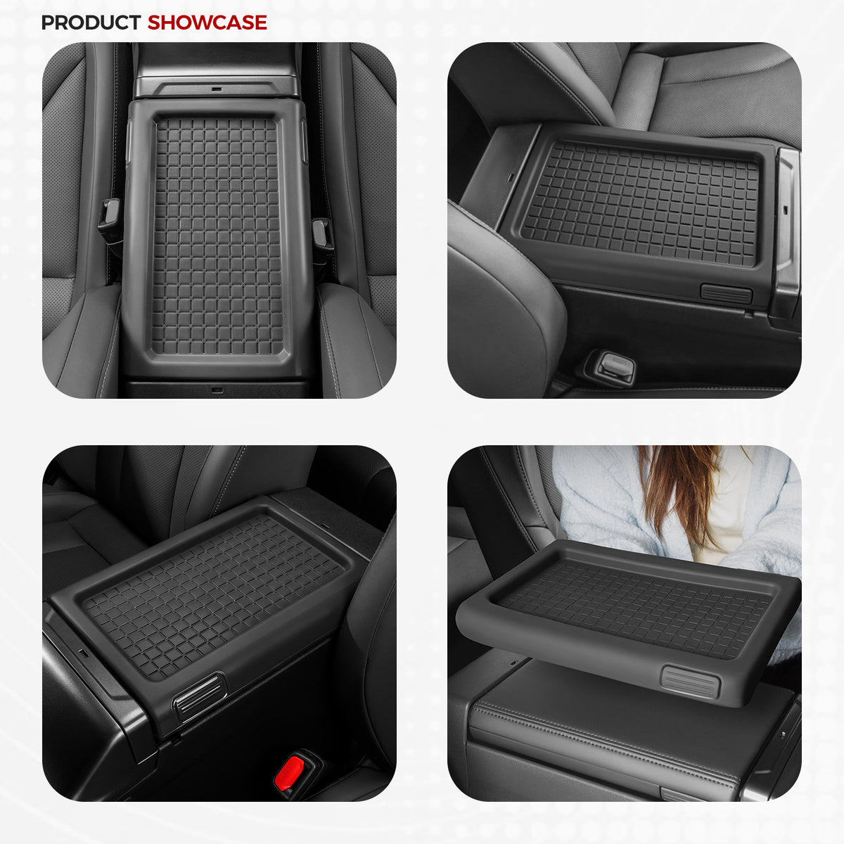 Black textured rubber center console tray and organizer for 4x4 vehicle interior protection.