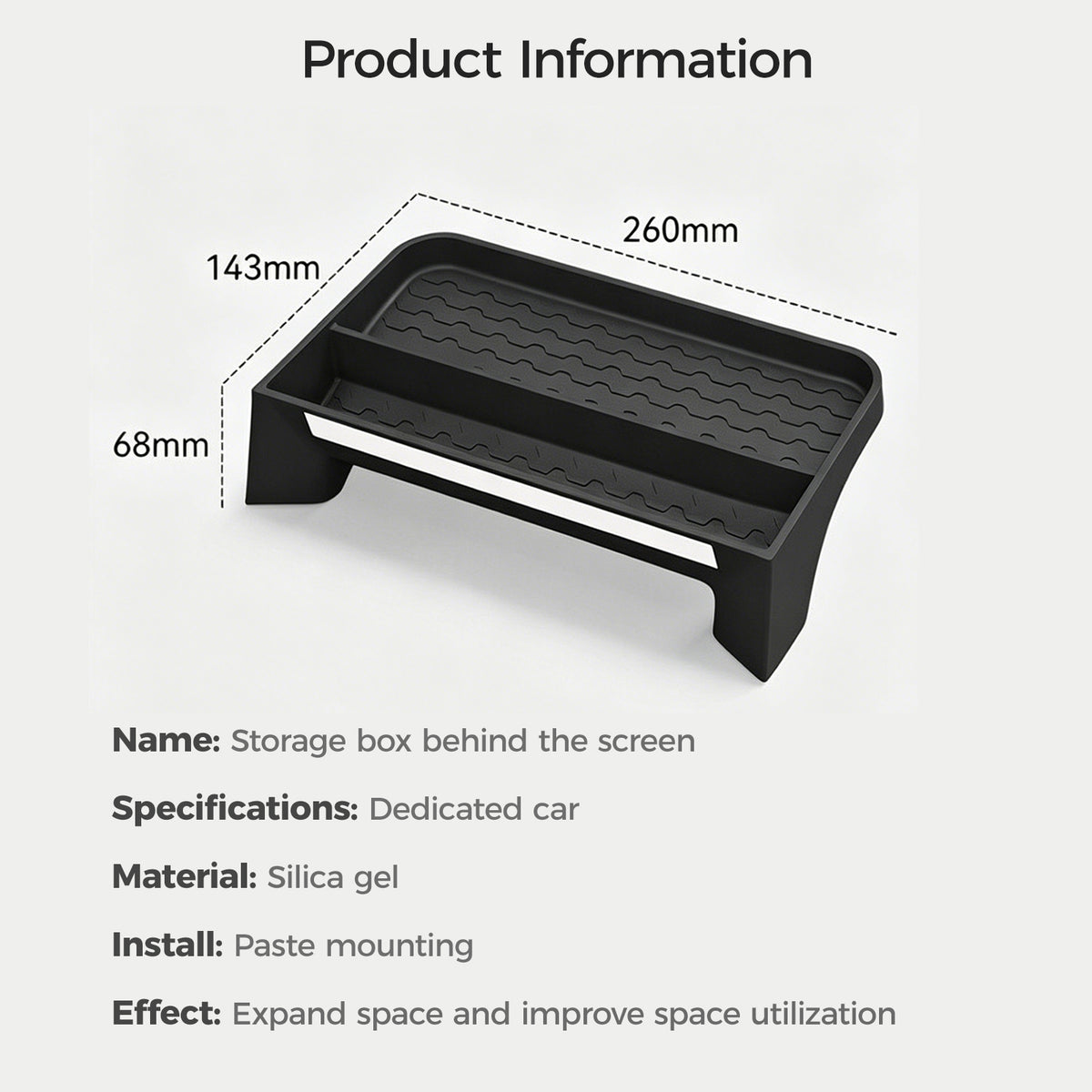 Black silica gel car storage box for behind the screen with dimensions: 260mm x 143mm x 68mm