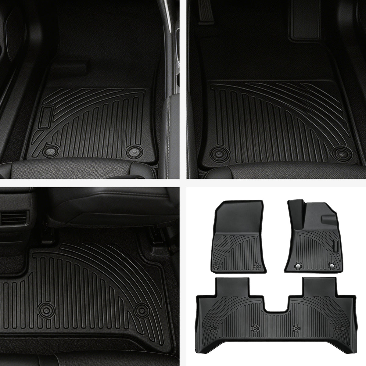 Set of heavy-duty black rubber car floor mats with deep grooves for vehicle protection.