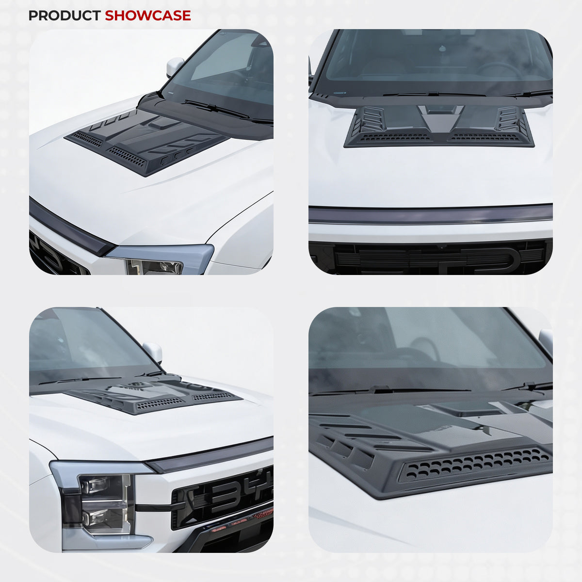 Black matte hood vent protector and trim accessories installed on a white 4x4 vehicle.