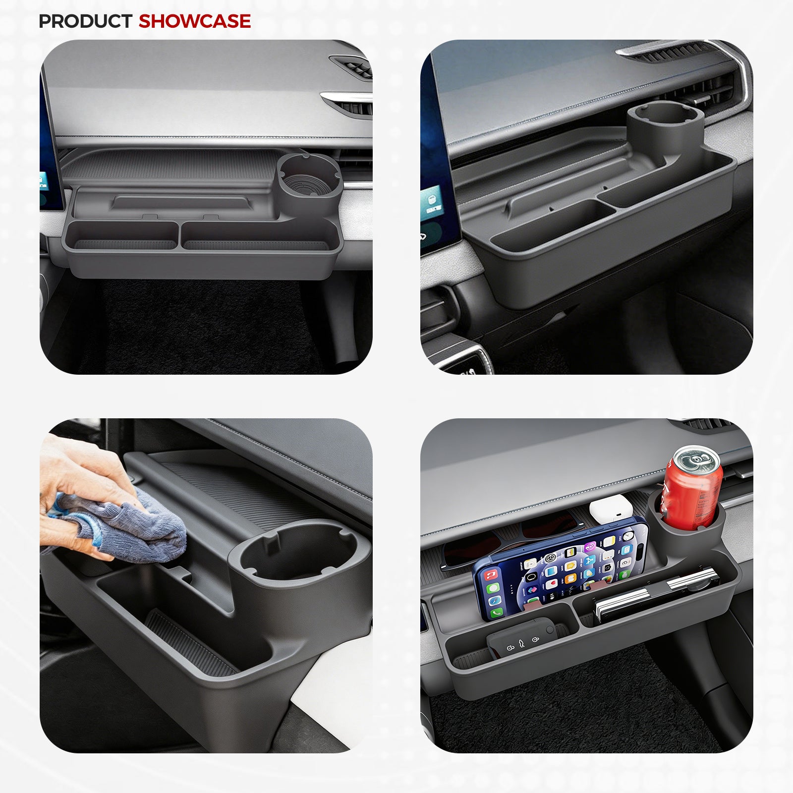 Black interior car dashboard organizer tray with cup holder and storage compartments.