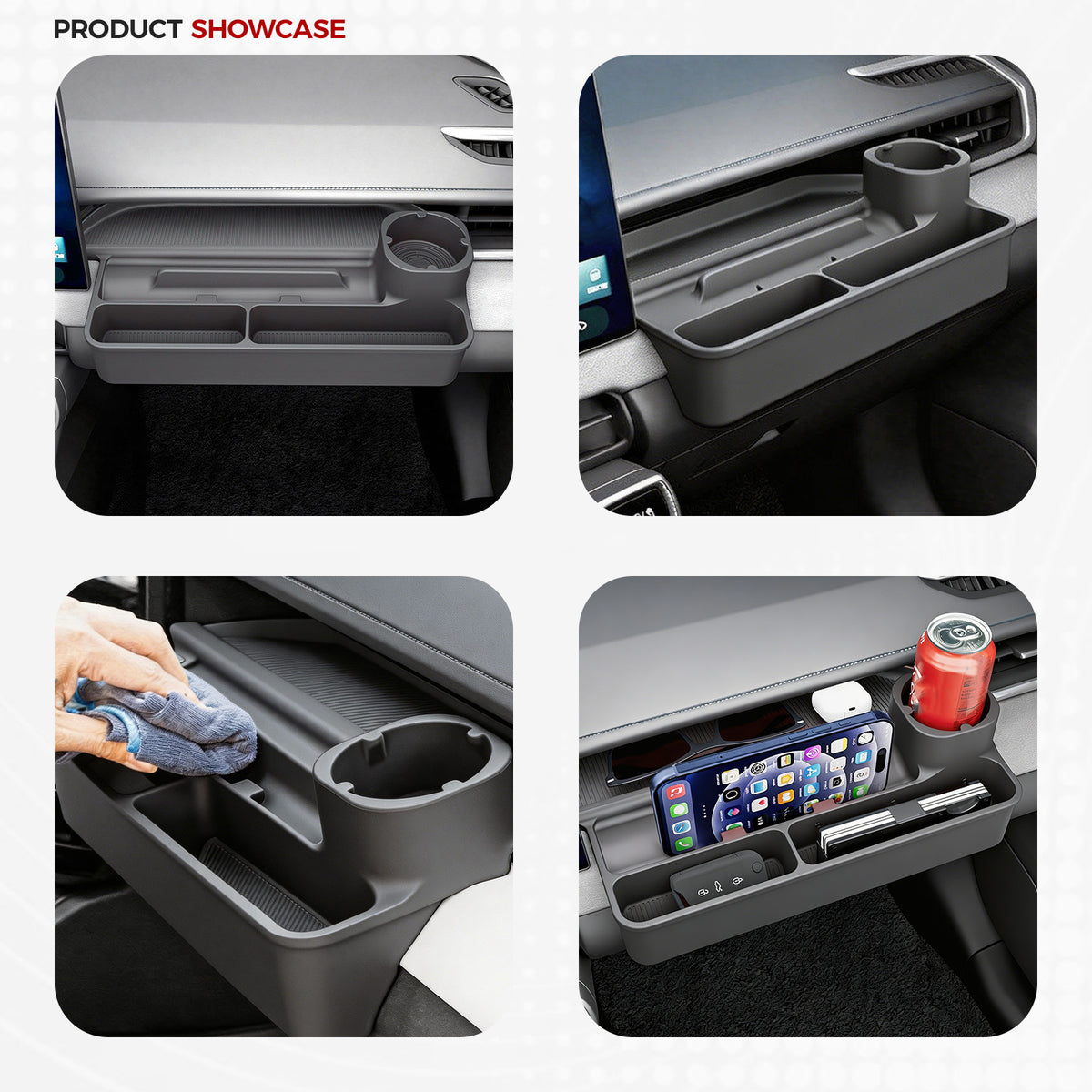Black interior car dashboard organizer tray with cup holder and storage compartments.