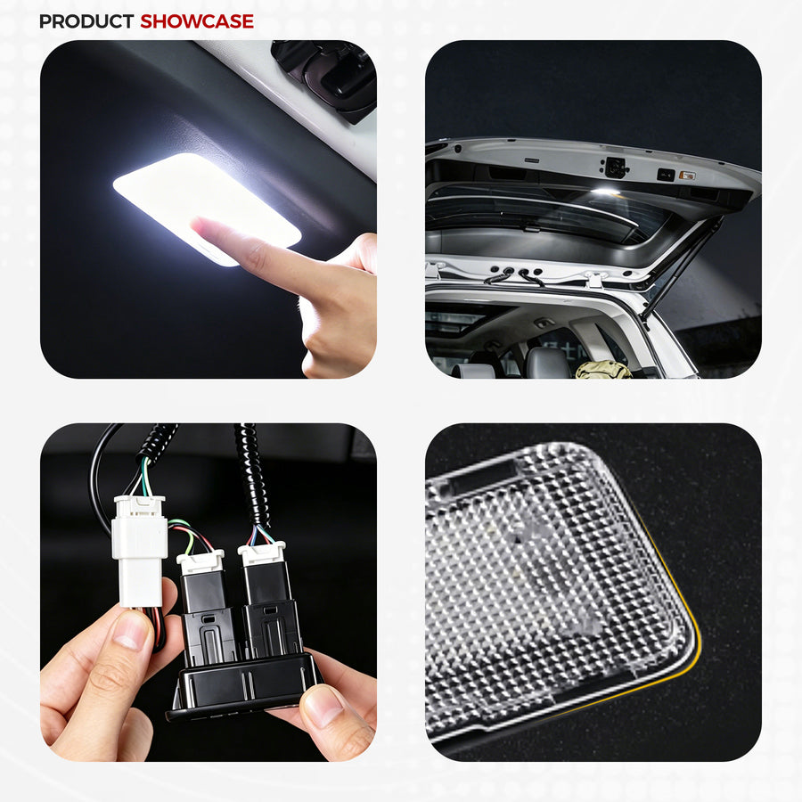 LED interior car dome light upgrade kit with wiring harness and clear lens housing.