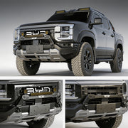 Black 4x4 pickup truck equipped with heavy-duty front bumper, winch, and off-road accessories.