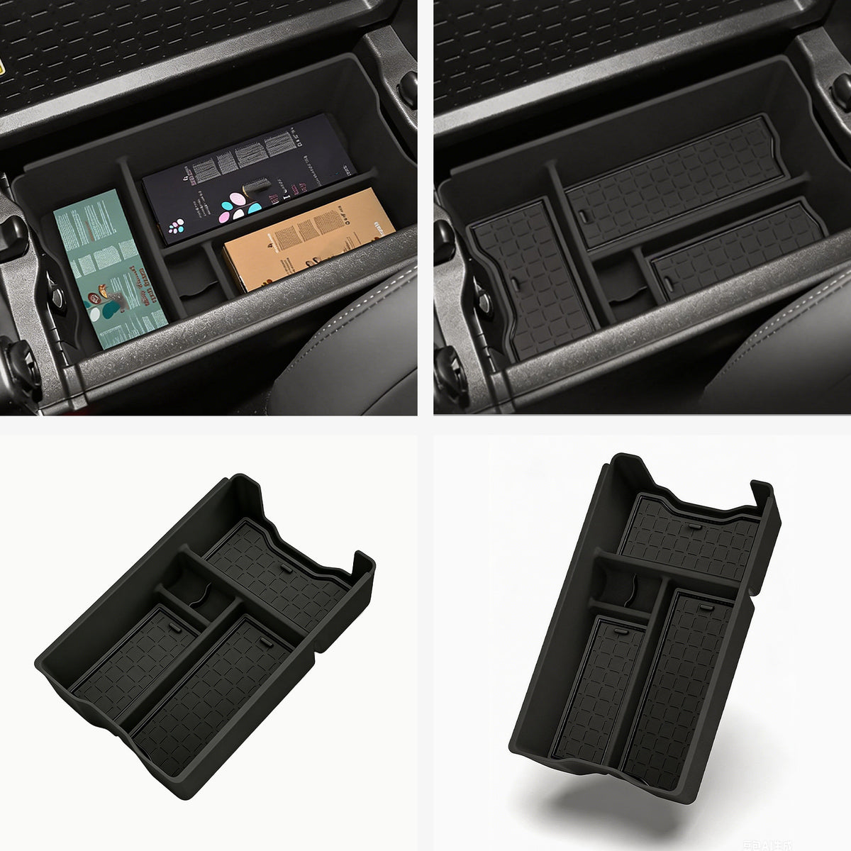 Black rubberized center console organizer tray for vehicle storage and organization.