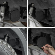 Four-panel view of a durable rubber protective cap installed on a 4x4 vehicle chassis.