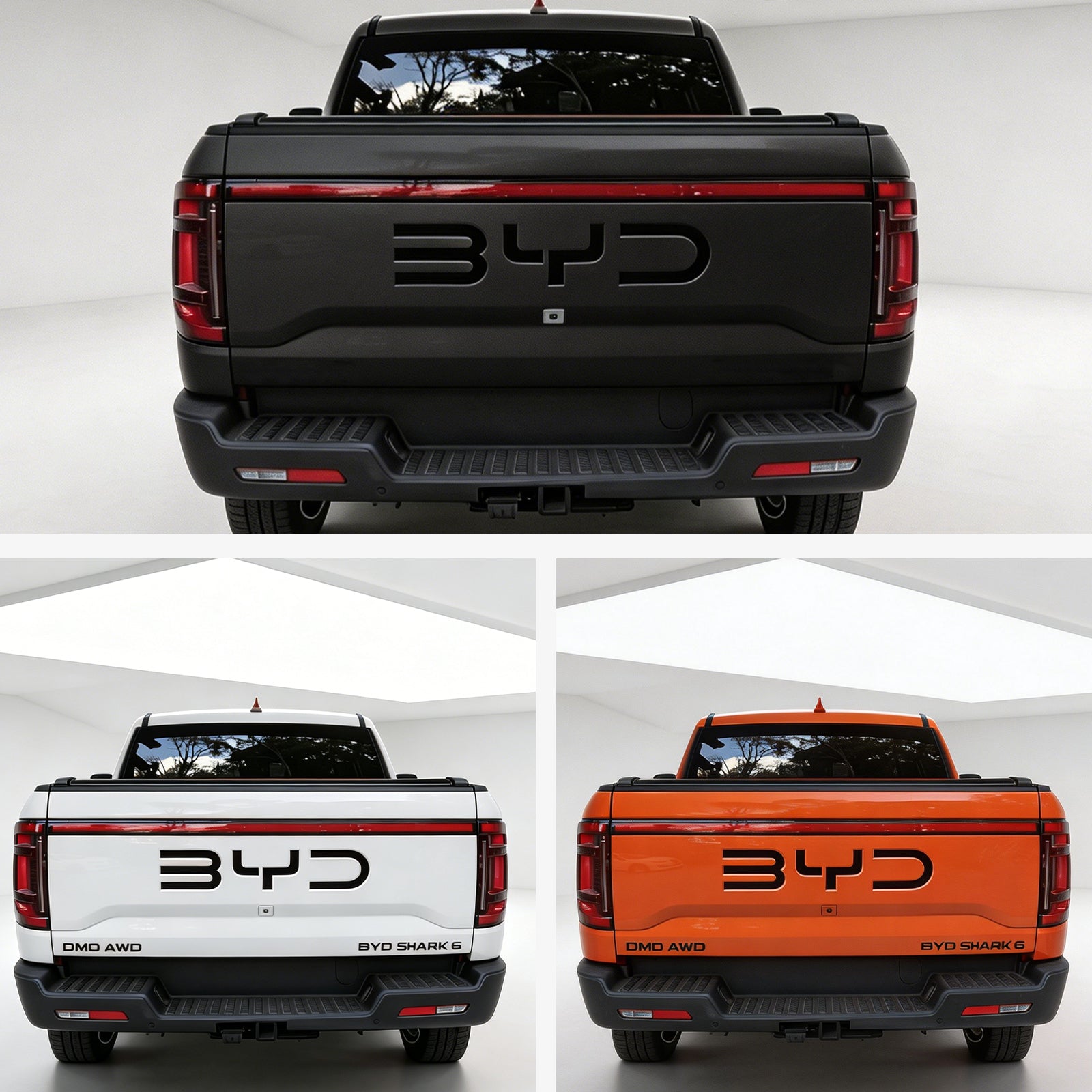 Rear view of BYD Shark 6 pickup trucks in matte black, white, and orange colors.