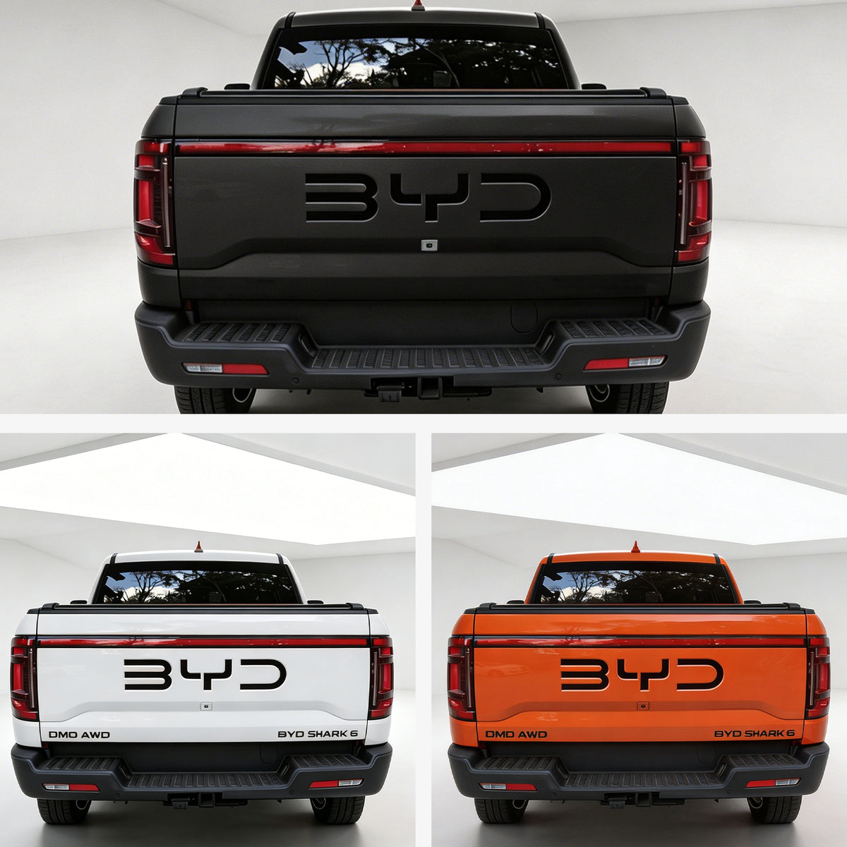 Rear view of BYD Shark 6 pickup trucks in matte black, white, and orange colors.