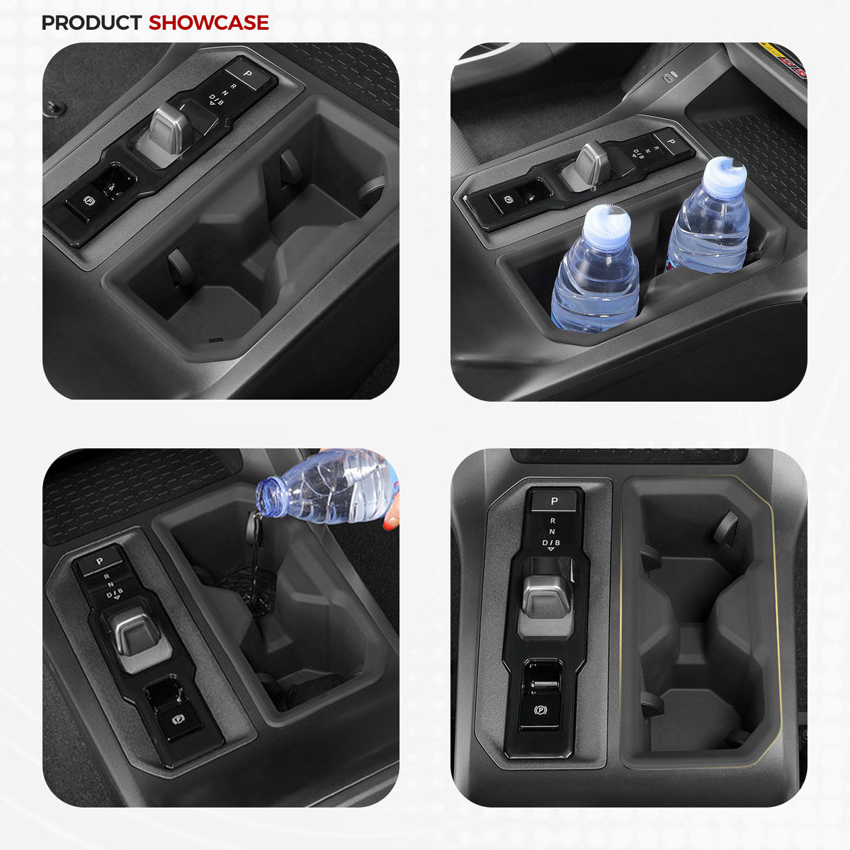 Black 4x4 vehicle center console organizer with cup holders and gear shifter compartment.