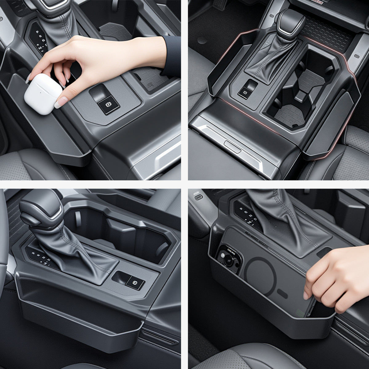 Black interior car console organizer with storage compartments for phone and small accessories.