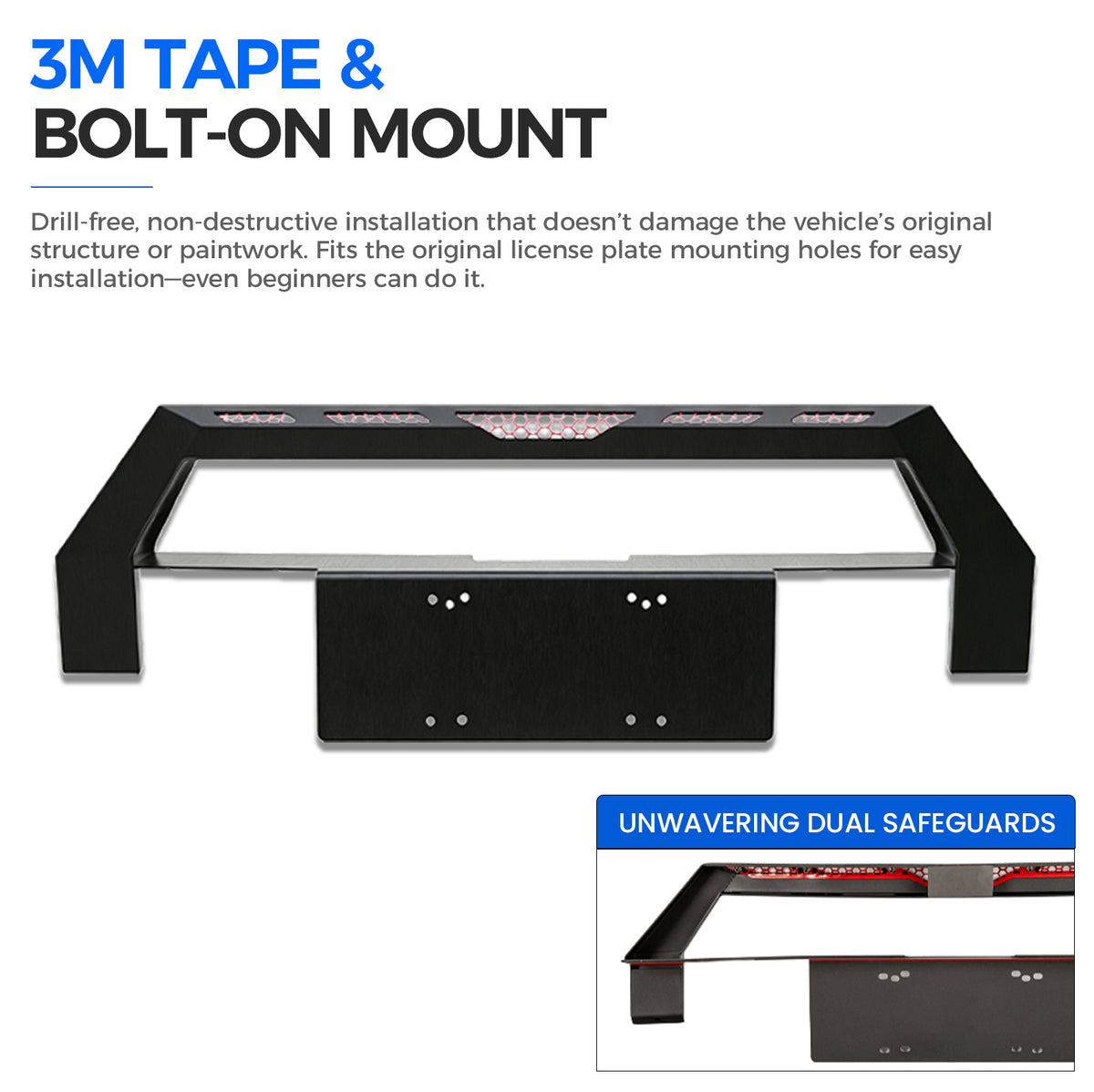 Black 4x4 vehicle bull bar with 3M tape and bolt-on mount for easy installation.