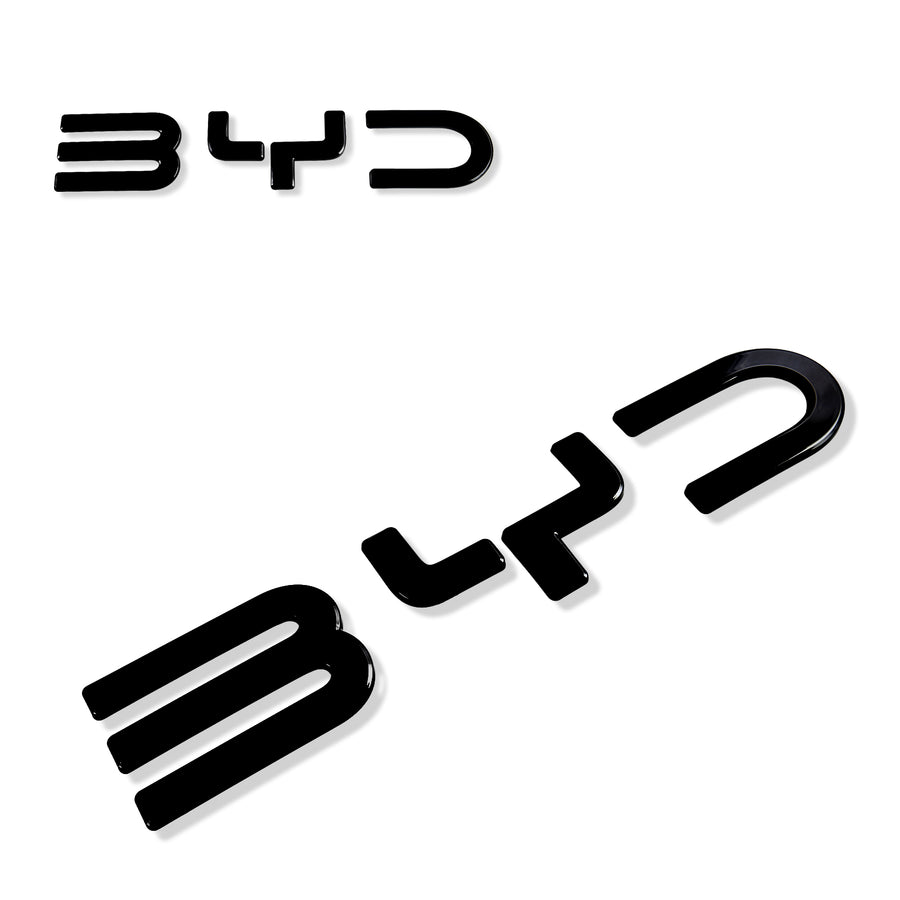 Glossy black BYD vehicle emblem lettering for car exterior styling.