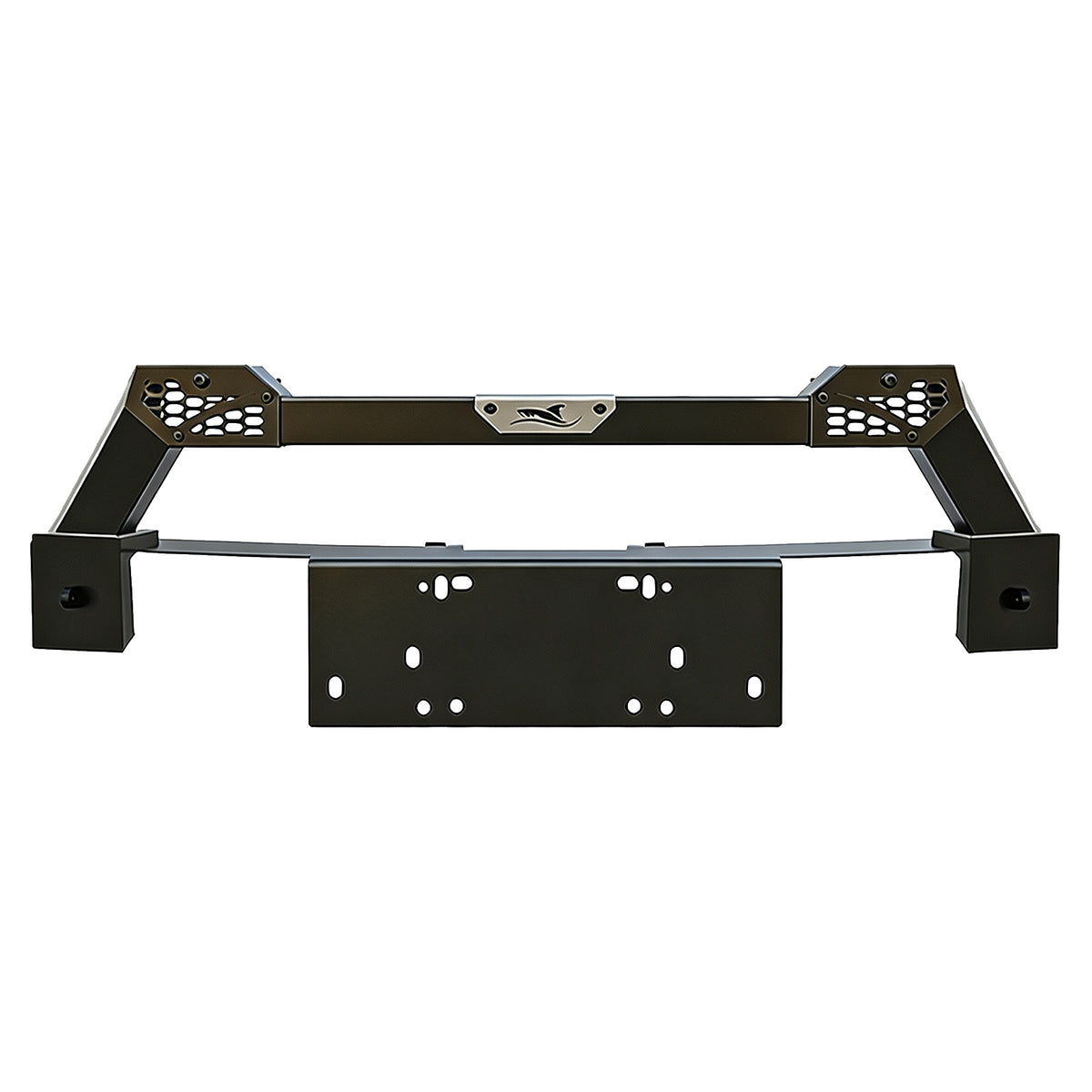 Heavy-duty black steel 4x4 off-road front bumper with winch mount and protection grill.