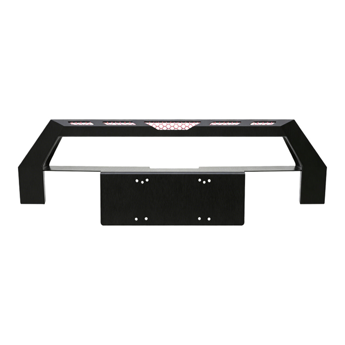 Heavy-duty black steel 4x4 off-road front bumper with mesh grille guard.