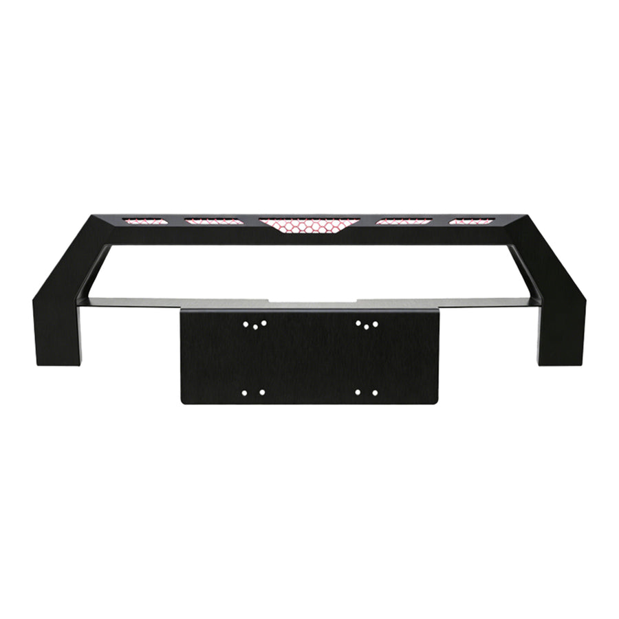 Heavy-duty black steel 4x4 off-road front bumper with mesh grille guard.