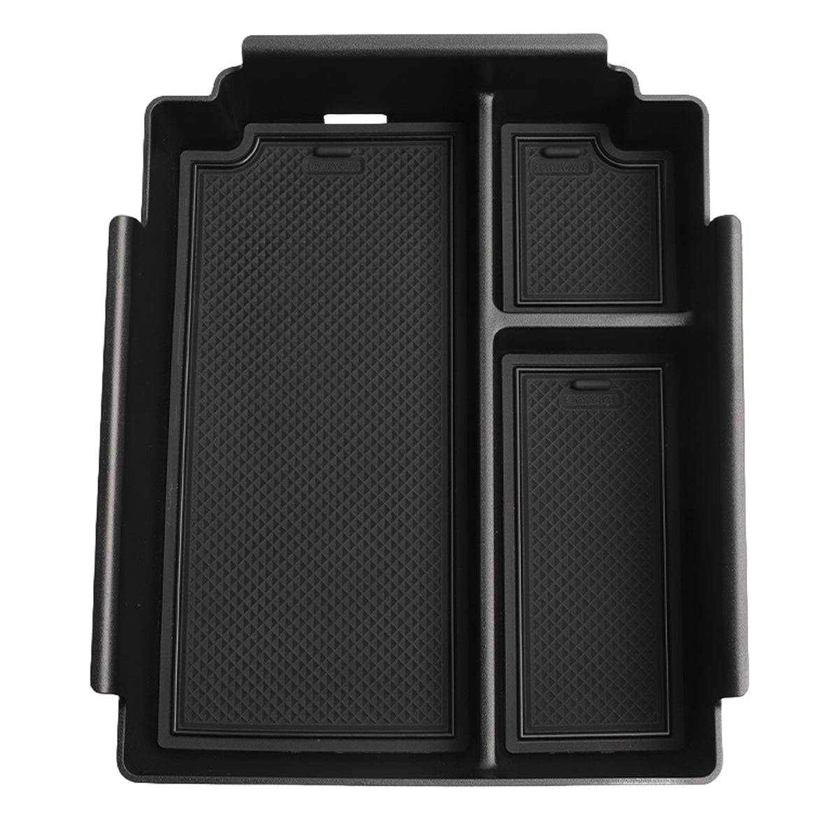 Black durable plastic vehicle center console organizer tray with textured inserts