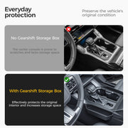 Comparison of a vehicle center console with and without a gearshift storage box accessory.
