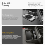 Comparison of car interior clutter with and without a dual-compartment phone and sunglasses organizer.