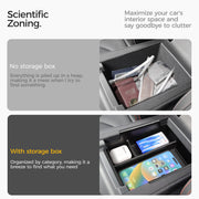 Comparison of a cluttered car center console versus an organized vehicle storage box.