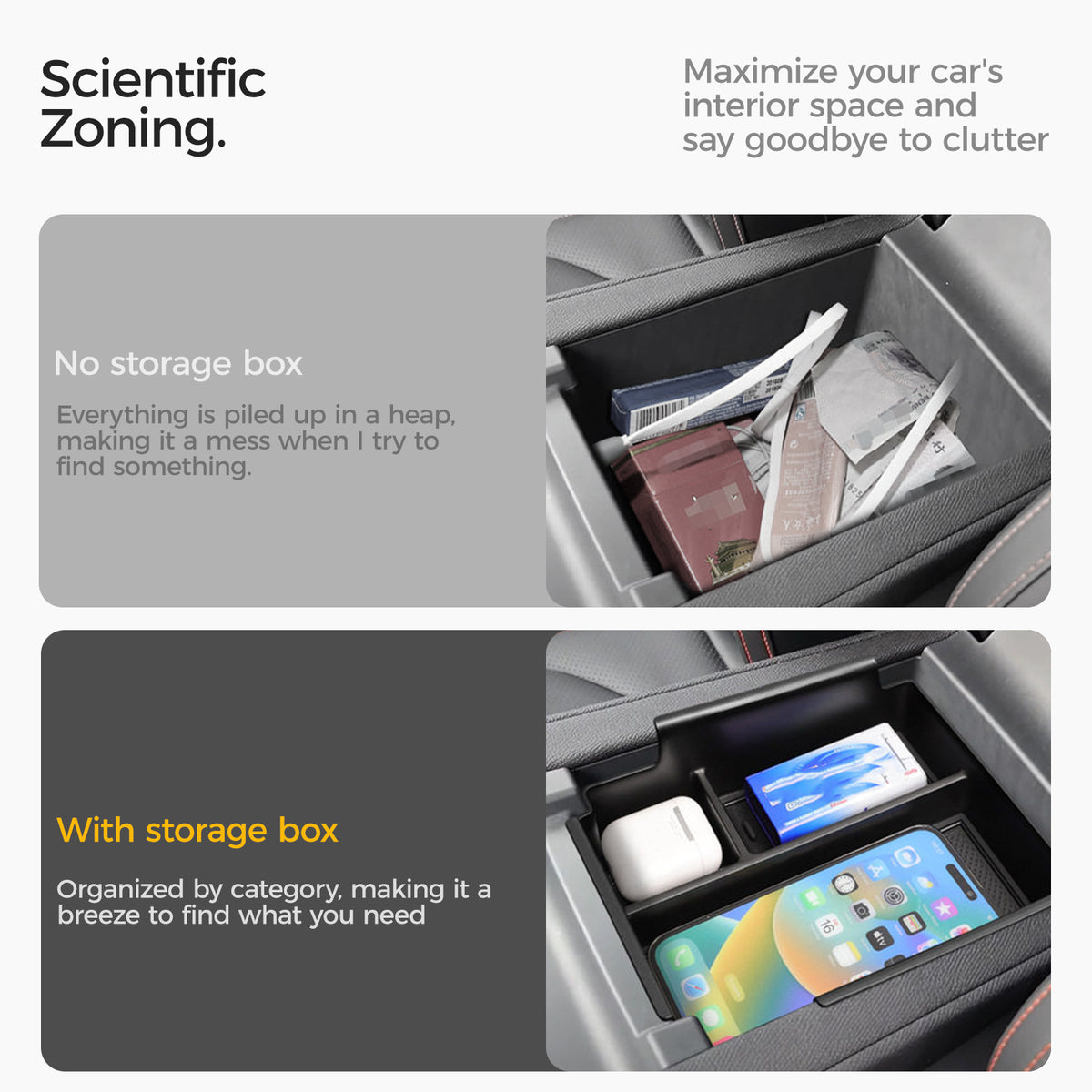 Comparison of a cluttered car center console versus an organized vehicle storage box.
