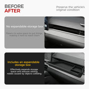 Before and after comparison of a vehicle dashboard with and without an expandable storage box.