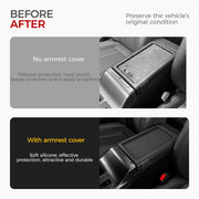 Before and after comparison of a vehicle center console armrest with and without a silicone cover.