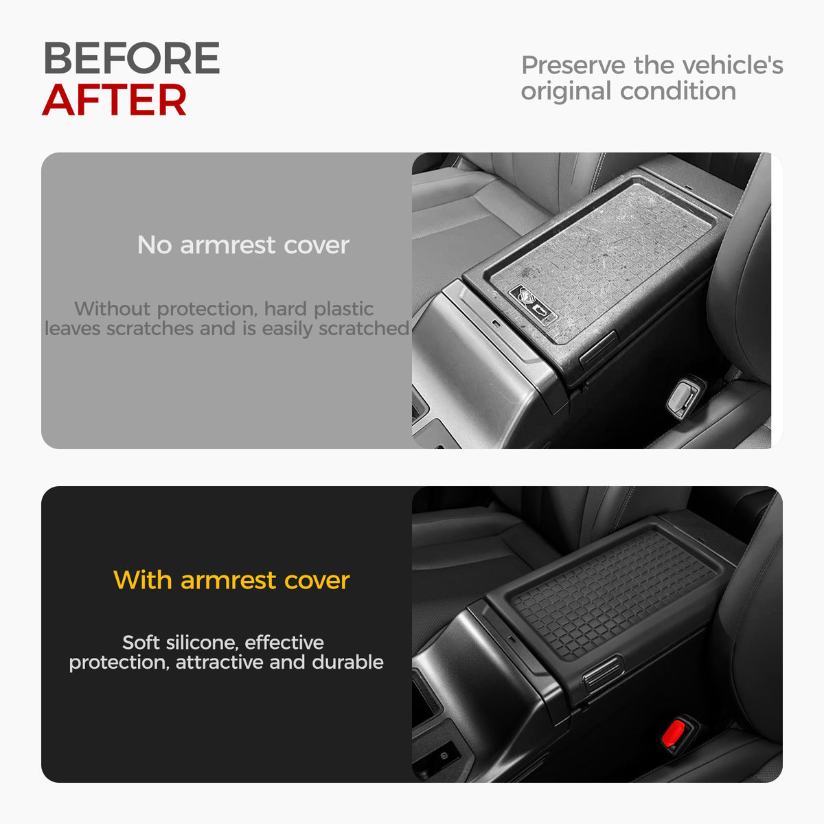 Before and after comparison of a vehicle center console armrest with and without a silicone cover.