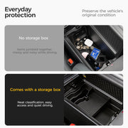 Comparison of a messy vehicle center console versus a neat organized 4x4 storage box insert.
