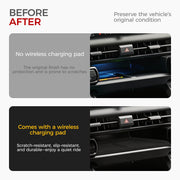 Before and after comparison of a vehicle interior with and without a wireless charging pad.