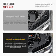 Before and after comparison of a vehicle engine bay with and without an organic canopy panel.
