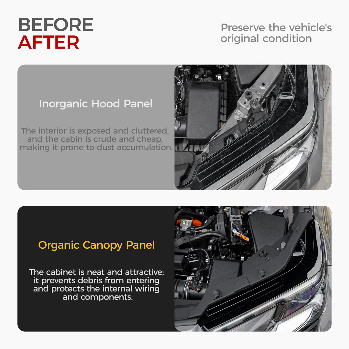 Before and after comparison of a vehicle engine bay with and without an organic canopy panel.