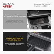 Before and after comparison of a vehicle center console tray with and without a protective liner.