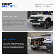 Comparison of a white SUV with and without rugged black front bull bars for off-road protection.