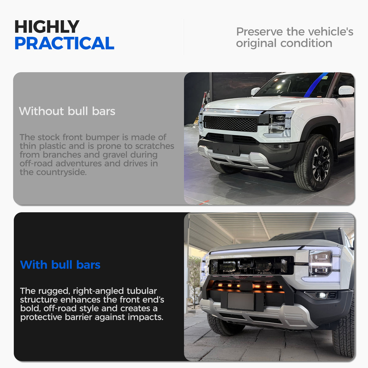 Comparison of a white SUV with and without rugged black front bull bars for off-road protection.