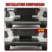 Before and after comparison of a 4x4 vehicle front grille installation.