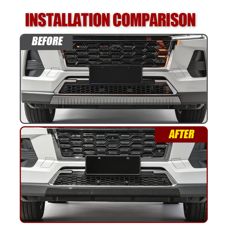 Before and after comparison of a 4x4 vehicle front grille installation.