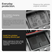 Comparison of a vehicle wireless charging slot with and without a protective silicone pad.