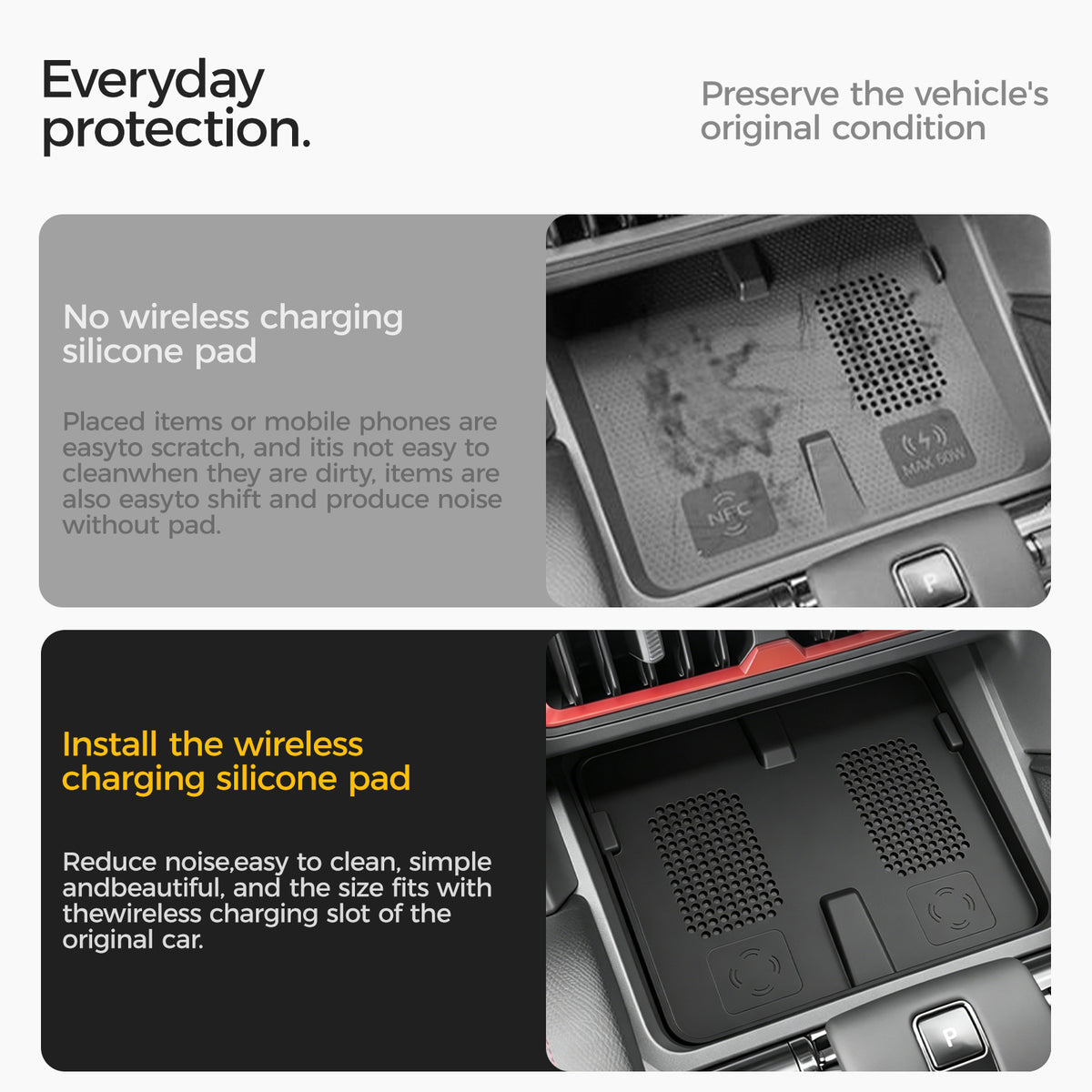 Comparison of a vehicle wireless charging slot with and without a protective silicone pad.