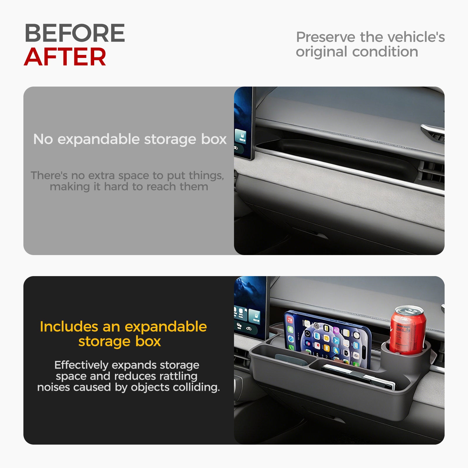 Comparison of a car dashboard before and after adding an expandable storage box organizer.