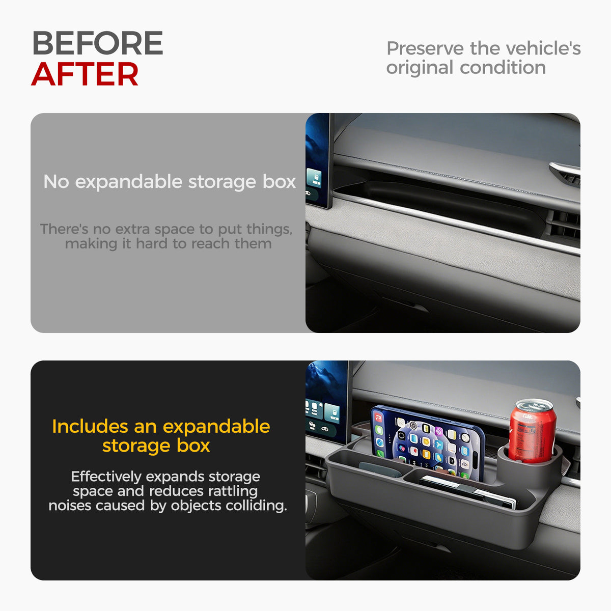 Comparison of a car dashboard before and after adding an expandable storage box organizer.