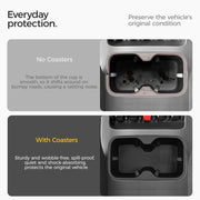 Comparison of a vehicle cup holder without coasters versus with protective coasters.