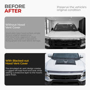 Before and after comparison of a white 4x4 vehicle with and without a blacked-out hood vent cover.