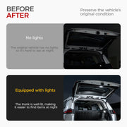 Before and after comparison of a vehicle trunk with and without interior lighting.