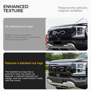 Comparison of a vehicle with a chrome emblem versus a custom blacked-out logo design.