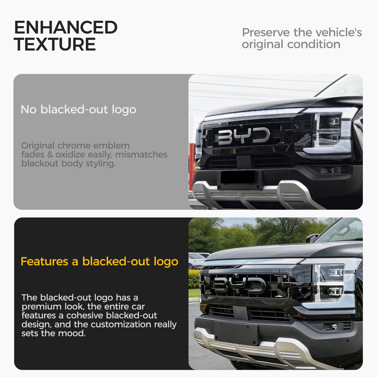 Comparison of a vehicle with a chrome emblem versus a custom blacked-out logo design.